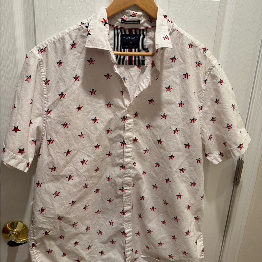 Denim & Flower White Shirt with Red Star Pattern